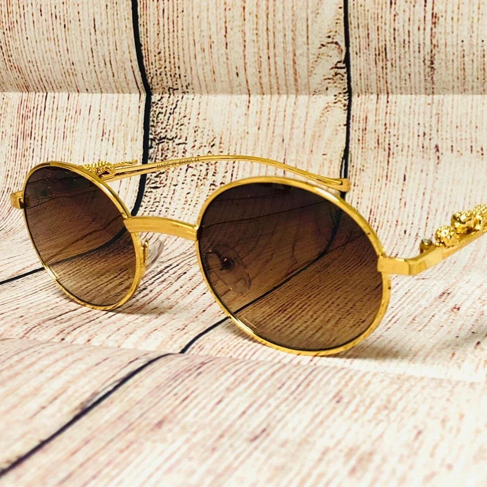 Round Sunglasses Gold Frame Leopard Accents Brown Lens Men's Fashion Hip Hop New
